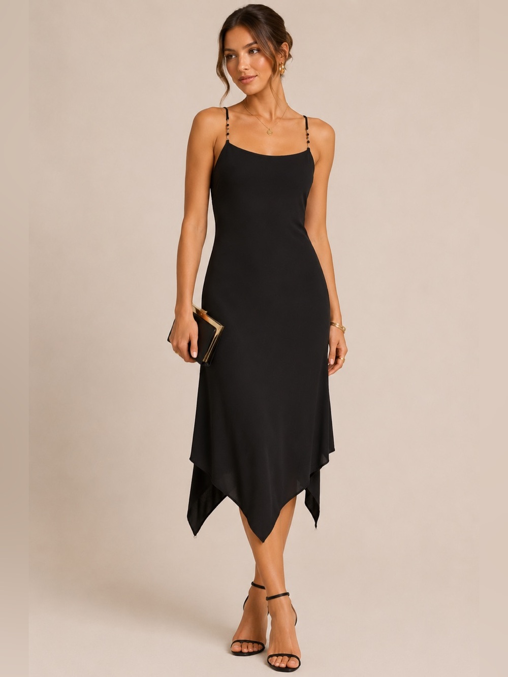 AGB Black Beaded Strap Midi Dress Handkerchief Hem Minimalist Slip Dress